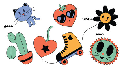 Colorful playful illustrations of cat, cactus, heart, roller skate, and flowers with text
