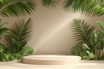Tropical Paradise: Elegant Minimalist Product Display with Lush Greenery