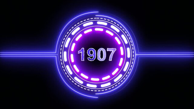 1907 text with screen effects of technological failures. Concept of counting years. Past year technology concept on black background.