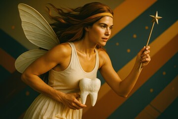 Dynamic Tooth Fairy flying with tooth and wand. Ideal for promoting dental products, childhood themes, or fantasy content. Great for kids' ads, dental hygiene campaigns, or family-friendly marketing.

