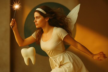 Magical Tooth Fairy casting a spell with wand and tooth. Perfect for fantasy, children’s marketing, or promoting dental care. Ideal for book covers, dental ads, or magical campaigns.
