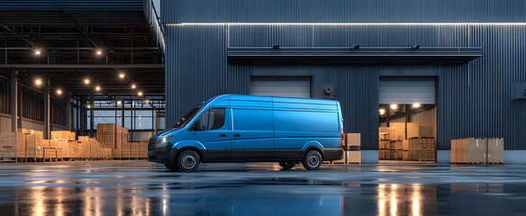 The blue delivery van parked in a modern industrial warehouse setting.
