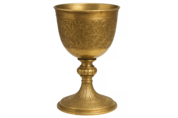 Vintage gold chalice featuring delicate floral engraving, reflecting ornate metalworking artistry against transparent background