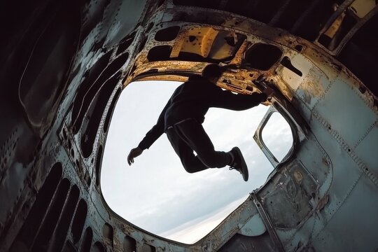 Dynamic slow motion parkour trick on abandoned airplane provides thrilling view of skill and creativity, Slow motion parkour trick on abandoned airplane
