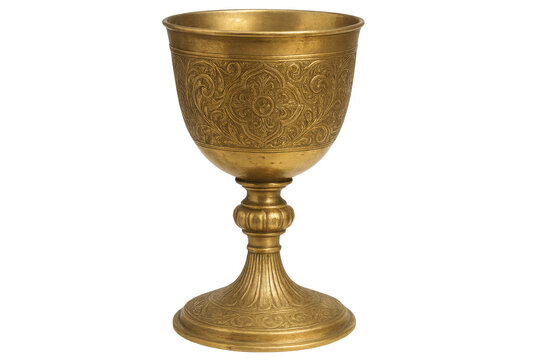 Vintage gold chalice featuring delicate floral engraving, reflecting ornate metalworking artistry against transparent background