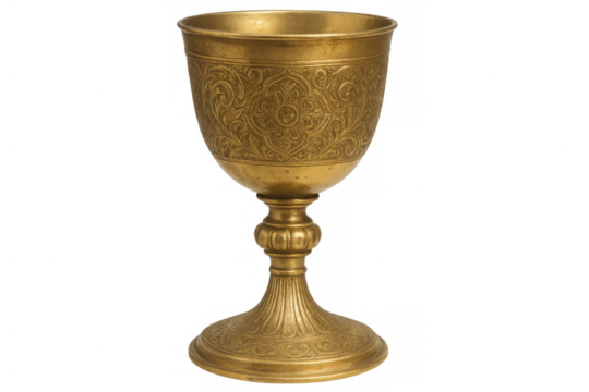Vintage gold chalice featuring delicate floral engraving, reflecting ornate metalworking artistry against transparent background