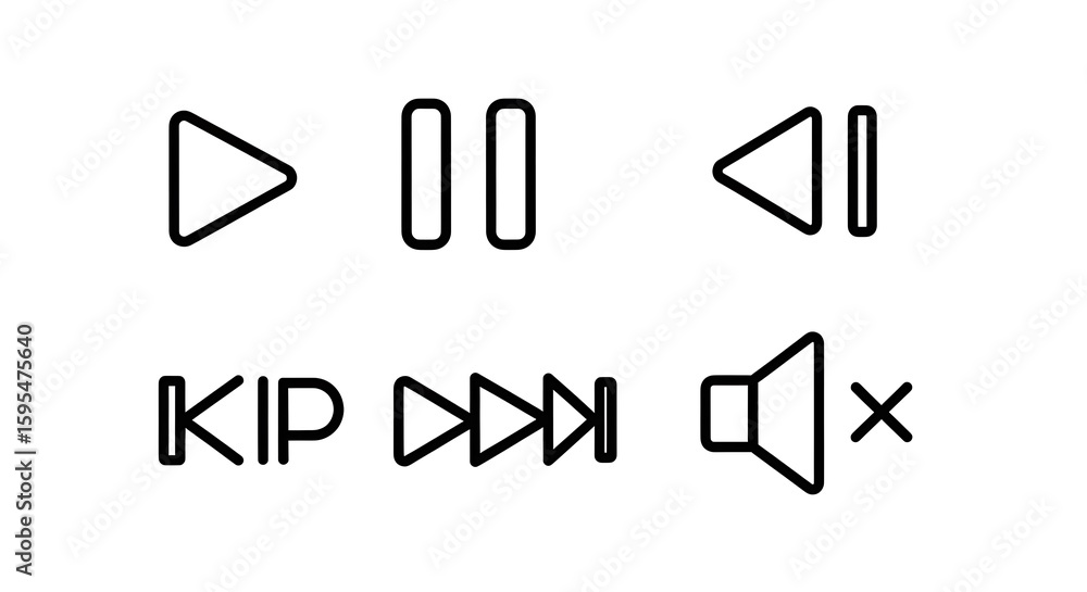 Poster a collection of media player control icons in black outline on a white background showing play pause