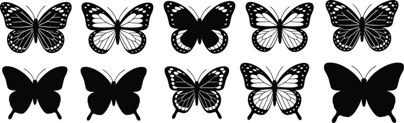 Butterfly silhouette vector collection, decorative insect icon set, black wing graphic pack, nature design artwork bundle, pattern illustration clipart