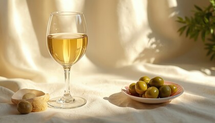 Glass of white wine, green olives sit on table with textured fabric background. Sunlight casts shadows, creating relaxing atmosphere. Features Mediterranean food, drink elements, perfect for