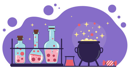 Halloween Cauldron with Potion Bottles and Bubbles