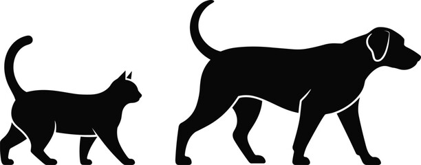 Cat and dog walking side by side, pet silhouette vector illustration for companionship, friendship, animal bond, peaceful, black and white design