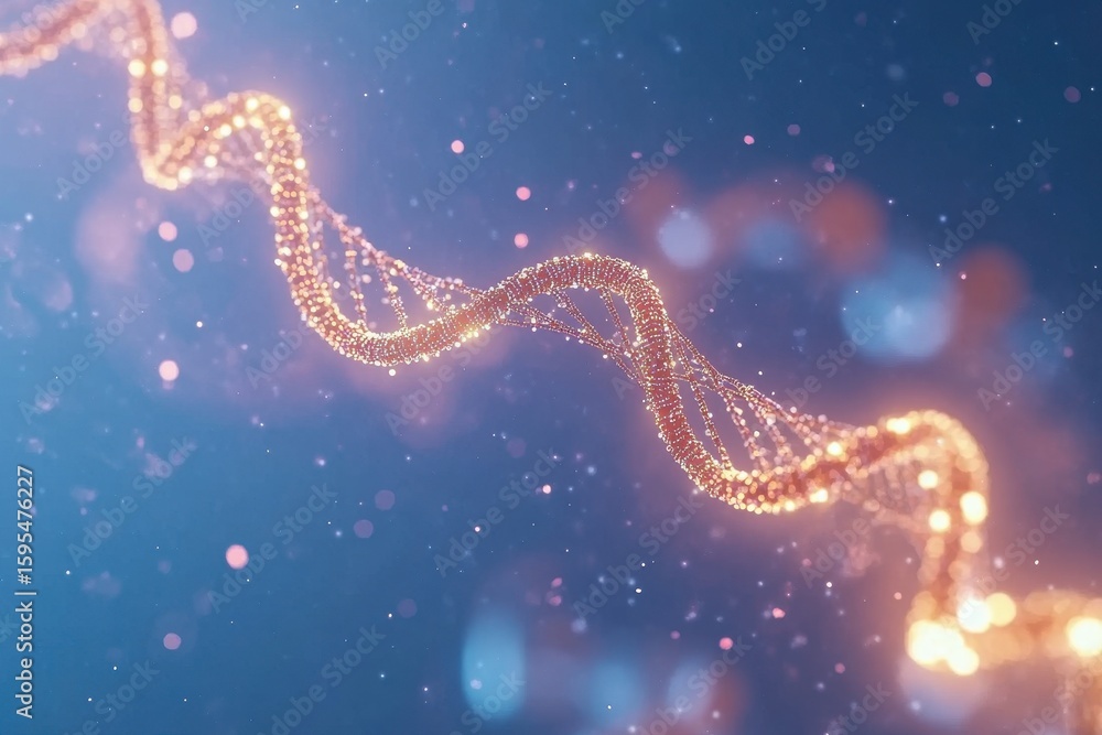 Poster visual representation of a spinning dna strand with data processing on a blue background, dna strand