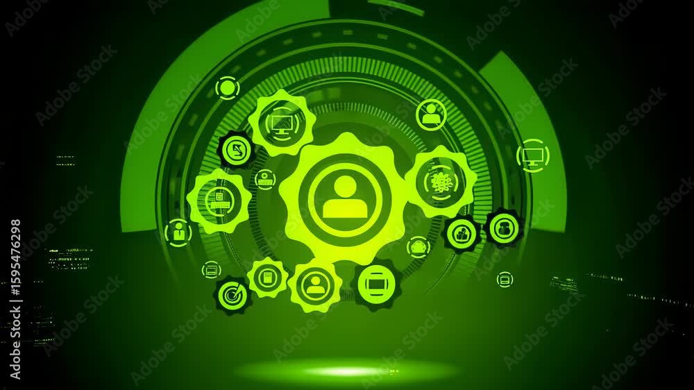Poster abstract green tech interface with gears and icons, futuristic design