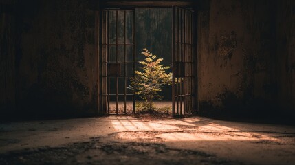 A small plant grows through a barred gate in a dark, abandoned building