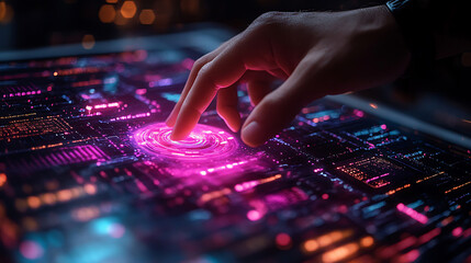 Human Hand Interacting with Futuristic Holographic Interface, Neon Pink and Blue Digital Technology