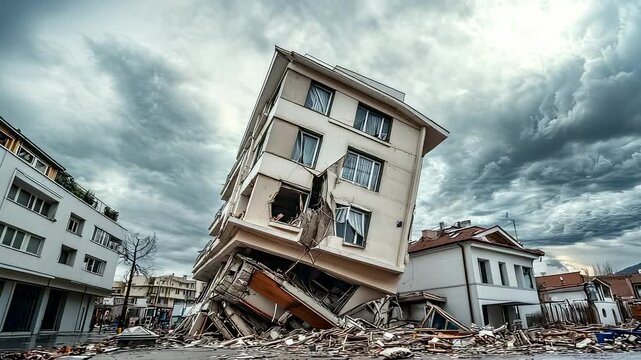 Earthquake damage Collapsed building in city, dramatic sky