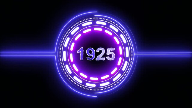 1925 text with screen effects of technological failures. Concept of counting years. Past year technology concept on black background.
