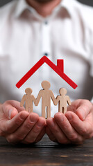 Wooden family figures under red house roof held by hands home protection