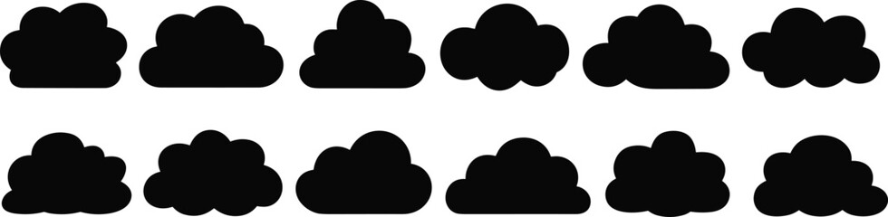 Collection of cloud silhouette designs, black vector icons for weather illustrations, decorative graphics, sky-themed artwork, and creative digital projects