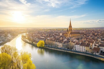 Fototapeta premium Aerial view of Granges, France showcasing riverside beauty and sunny skies, Aerial around the city Granges in France on a sunny day in early spring