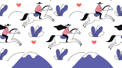 Cowboy riding horse with mountains, hearts, and cacti in colorful western pattern illustration
