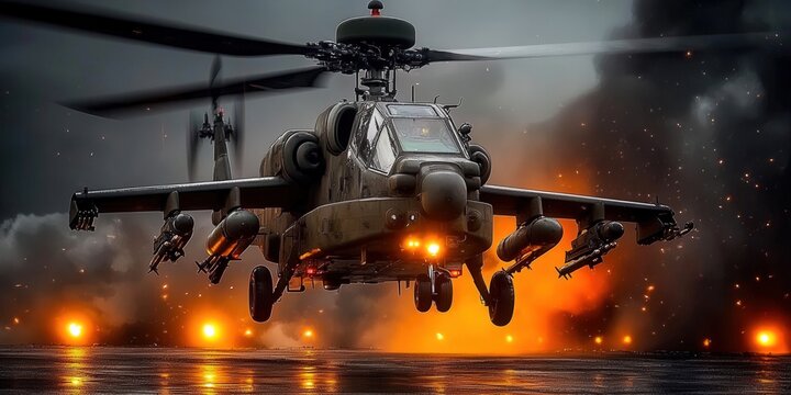 The apache helicopter takes center stage, set against a dramatic sky filled with smoke and fire