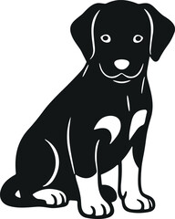 Cute black and white puppy silhouette, sitting dog illustration, pet vector design, adorable animal graphic, children’s art, Adobe Stock image