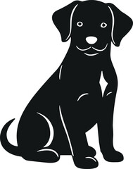 Cute black Labrador puppy silhouette, white chest marking, sitting dog illustration, pet vector design, adorable animal graphic, Adobe Stock image
