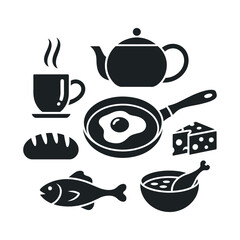 Savor the Flavor with this Delicious Food Icons Vector Set: Tea, Bread, Fish, and More for Culinary Designs and Restaurant Menus