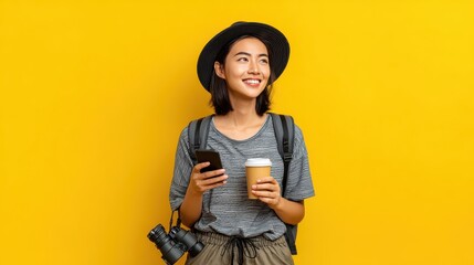 Photo of Asian lady with pleased expression, tries to find route with online navigation map, holds mobile phone, wears hat, casual clothes, carries rucksack, flask, binoculars, isolated on yellow wal