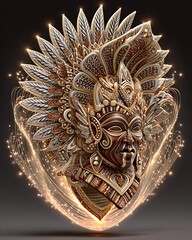 Ethnic carved mask surrounded by white energy high resolution picture
