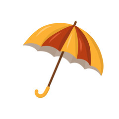 Striped umbrella red and yellow with curved handle. Autumn rainy weather. Cartoon vector illustration