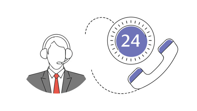 Customer service agent with headset and 24-hour phone support icon illustration
