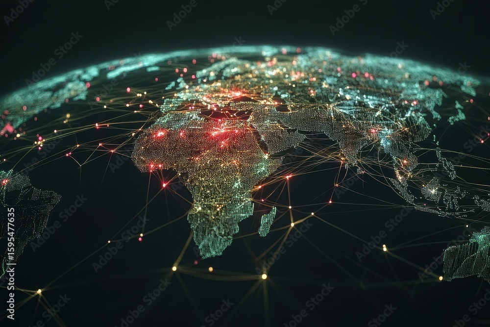 Poster global network of connections illustrating data processing technologies across regions, network of c