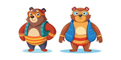 Cute Bear Wearing Floaties and Goggles Ready to Swim – Fun Summer Animal Vector Illustration on White Background for Kids, T-Shirts, Stickers, and Pool Themes