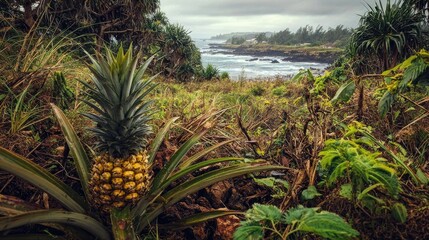 Fototapeta premium Pineapple growing amidst lush tropical vegetation near the coast.