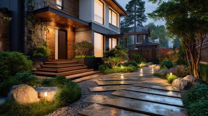 Obraz premium Modern gardening with Illuminated pathway in front of residential house.