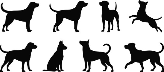 Dog breed silhouettes, multiple poses vector, pet graphic design, walking, sitting, jumping dogs, black outline clipart, animal artwork, nature theme
