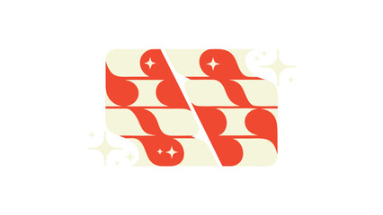 Abstract wavy geometric pattern with red and cream shapes and sparkling stars illustration
