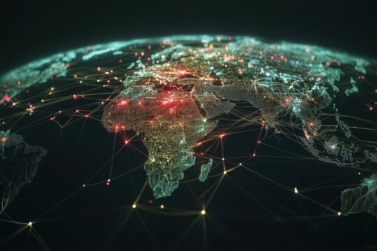 Global network of connections illustrating data processing technologies across regions, network of connections and data processing over globe