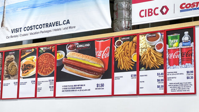 Costco Food Court menu featuring Coca-Cola beverages, Kirkland hot dog, and various food items with vibrant colors. transition from Pepsi to Coca-Cola beverage