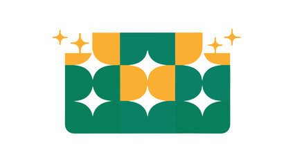 Abstract geometric design with green and yellow shapes and sparkling stars illustration
