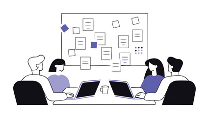 Office team brainstorming with laptops and sticky notes during business planning meeting illustration
