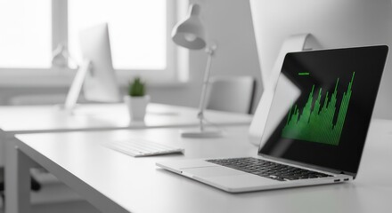 Laptop displaying a green data chart in a bright, modern, minimalist office environment.