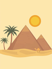 simple Egyptian desert view with camel walking near pyramids, palm and sun, clean childlike layout, ideal for educational visuals and nursery wall prints