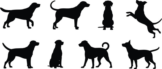Dog silhouette vector collection, pet animal graphic artwork, black outline design, walking pose set, playful canine icon pack, breed illustration