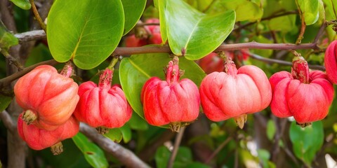 Close-up of red Garcinia cambogia fruit on a branch with green leaves, a tropical plant.
