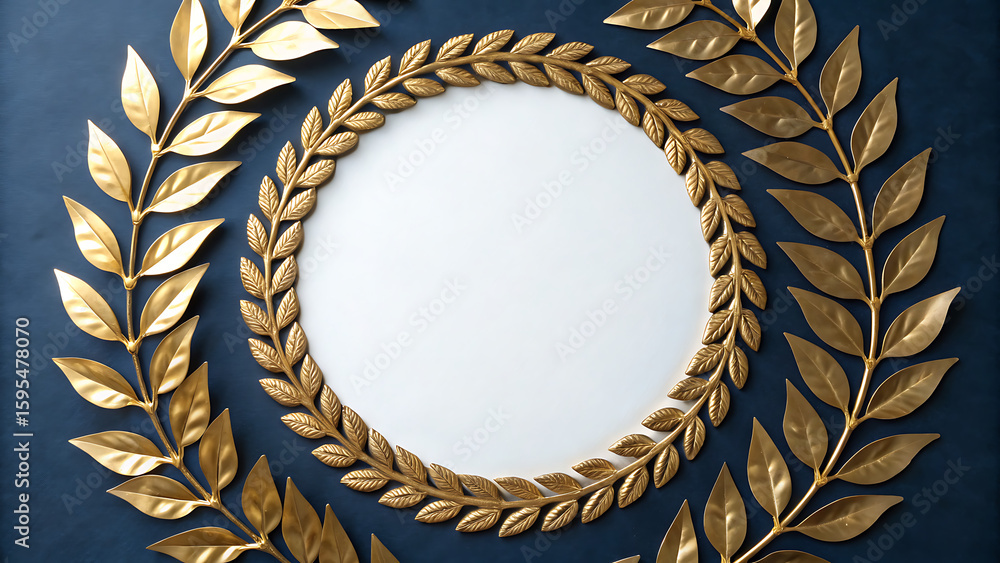 Poster elegant oval frame adorned with ornate golden laurel leaves creating a decorative border against a d