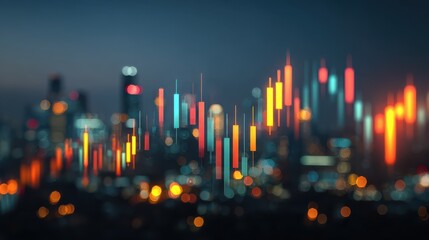 Creative glowing big data forex candlestick chart on blurry city background. Trade, technology, investment and analysis concept. Double exposure, no logos, no brands