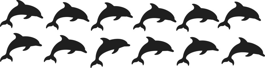 Dolphin silhouettes in diverse swimming poses, marine wildlife illustration, aquatic animals vector, ocean nature design, sea creatures, stock image art